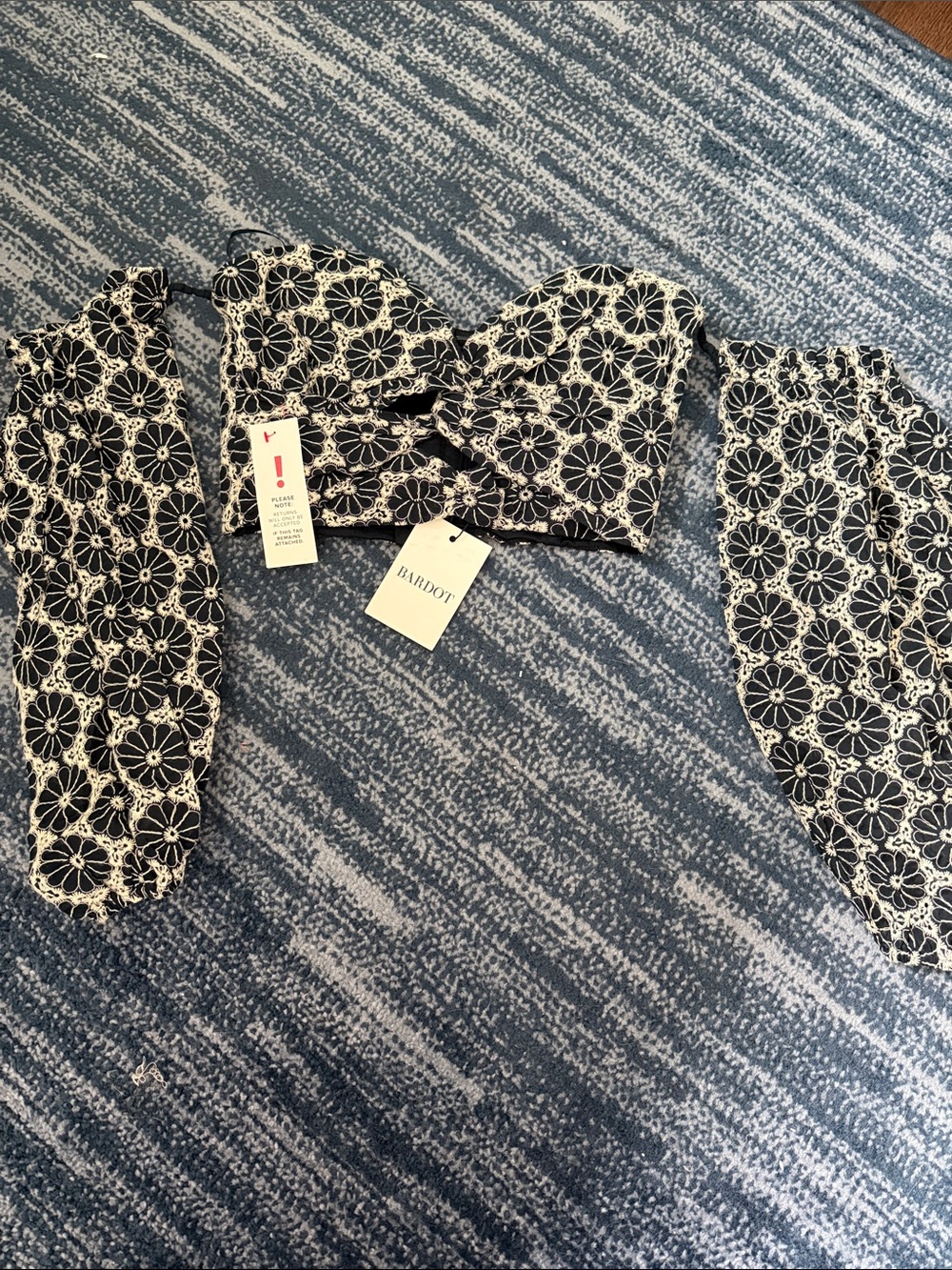 Bardot Black and White Floral Lace Off-Shoulder Crop Top